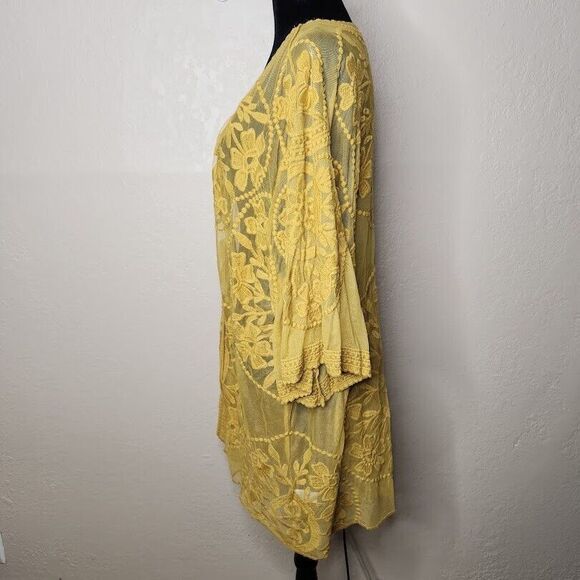 UMGEE Kimono Cardigan Women Small Yellow Cotton Lace Sheer Open Front Tie Boho - Picture 3 of 9